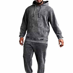 Gray Acid Wash Tracksuit Set Casual Loose Fit Full Length Solid Color 100% Cotton Breathable Tracksuit Available For Sale - Product Image 4