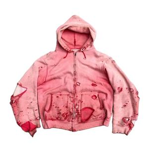 Sweat-shirt rose à capuche zippé pour homme, style punk déchiré et vieilli avec poche - Product Image 1