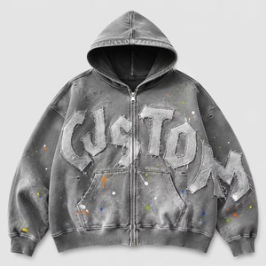 Sweat à capuche unisexe personnalisé en coton molletonné français, avec lettres appliquées, effet vieilli et logo imprimé sur le devant - Product Image 3