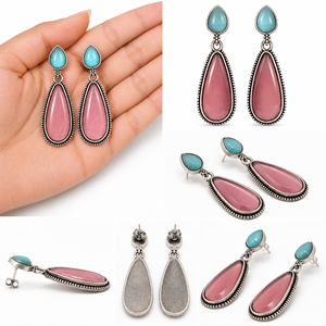 Wholesale Supplier Trendy Monalisa Antique Alloy Stone Pearl Oxidized Drop <b>Earrings</b> <b>Silver</b> Plated Turquoise Ethnic Party Fashion - Product Image 4
