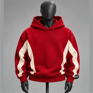 Sweat-shirt à capuche bleu surdimensionné pour homme avec empiècements crème, manches classiques, style décontracté pour l'automne, en tissu FRENCH TERRY tricoté - Product Image 5