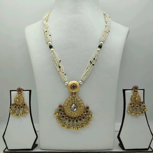 Traditional Gold Plated Beaded Long <b>Necklace</b> <b>Set</b> with White <b>Pearl</b> Strands Kundan Pendant and Matching Earrings for Women - Product Image 1