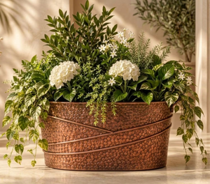 Rustic Metal Oval Planter Handmade Copper Finish Indoor Outdoor Floral Display <b>Vase</b> Round Tabletop Plant Pot flower <b>vase</b> - Product Image 6