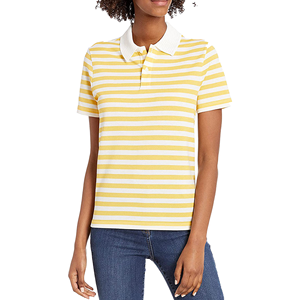 Polo à manches courtes rayé jaune et blanc pour femme, haut décontracté en coton tricoté - Product Image 1