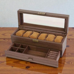 Boîte à montres rustique en bois de noyer, organisateur à 2 niveaux, coffre à bijoux pour homme, grand tiroir à 6 emplacements, présentoir de montres de table suspendu - Product Image 1