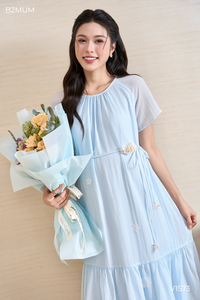 Vestido de Maternidad Azul V1573, Cuello Redondo, Manga Corta, Estampado Floral, Corte en A, Largo a Media Pantorrilla, Holgado, Transpirable, Ropa de Verano para Mujer - Product Image 5