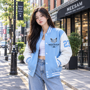Varsity Jacket Light Blue White Sleeve Embroidered Logo 23 Number Preppy Style <b>Turn</b>-down Collar <b>Button</b> Closure - Product Image 1