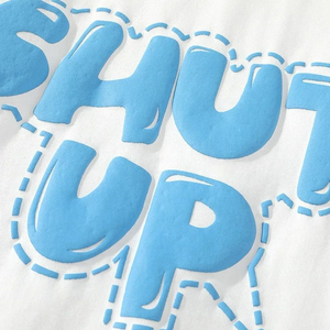 T-shirt blanc surdimensionné pour homme avec imprimé bleu « Shut Up » à manches courtes, col rond, en jersey de coton, style décontracté - Product Image 6