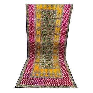 Longue écharpe en soie ethnique à motifs floraux pour femmes, brodée à la main, motif rose, jaune, vert, toutes saisons, écharpe décorative - Product Image 1