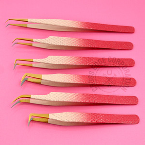 Diamond Grip Eyelash Tweezers Custom Pink Color Fiber Gold Tip Volume Lash Extension Tweezers for False Eyelashes 45 90 Degree - Product Image 2