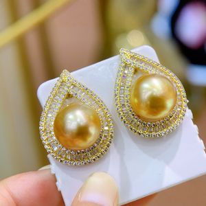 Boucles d'oreilles pendantes fines en argent pur S925 de luxe léger, 11-12 mm, rondes, avec perle d'or naturelle, design de boucle d'oreille, légère imperfection - Article cadeau - Product Image 2
