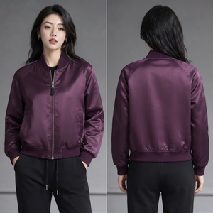 <b>Women</b> Streetwear <b>Bomber</b> <b>Jacket</b> Polyester Fabric Ribbed Collar Cuffs Zip Front Relaxed Fit <b>Lightweight</b> Modern Casual Apparel OEM - Product Image 6
