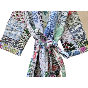 Batas de algodón ligeras para mujer, de manga corta de punto Kimono, albornoz elegante Vintage Patchwork, ropa de descanso suave de primavera para verano - Product Image 5