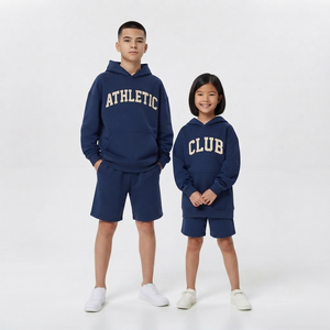 Sigma House Ensemble de survêtement décontracté en coton bleu marine pour enfants avec short à manches longues et capuche imprimé lettres pour garçons et filles - Product Image 2