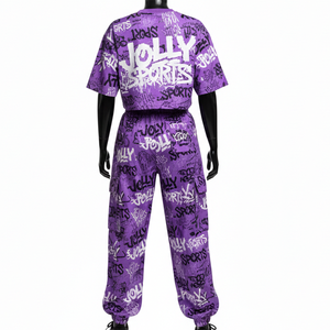 Conjunto de Pantalones y Top Corto para Mujer, Premium, 220 GSM, Poliéster y Algodón, Estampado de Grafiti Morado, Sublimación, Logotipo Personalizado - Product Image 2