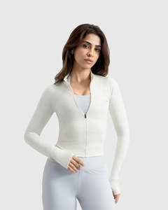 White Full Sleeve Stand Neck <b>Zipper</b> Front Crop <b>Top</b> High Waist Leggings Yoga Set Seamless Breathable Solid Color - Product Image 1