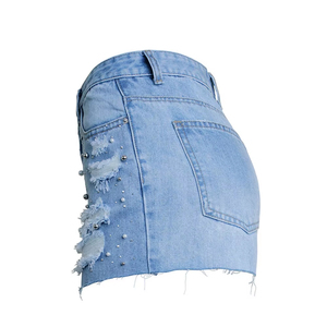 Short en jean taille haute croisée pour femme, coupe droite ample, respirant, en denim, idéal pour la plage - Product Image 3