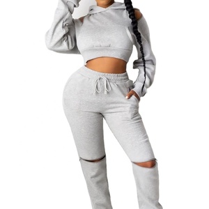 Sudadera corta con capucha de manga larga para mujer, pantalones con bolsillos canguro y joggers, conjunto de dos piezas - Product Image 1