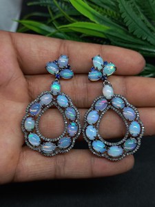 Ethiopian <b>Opal</b> Diamond <b>Earring</b> Pave Diamond <b>Earrings</b> 925 Sterling Silver Handmade Oxidized Dongle Diamond <b>Earring</b> Gift For Her - Product Image 3