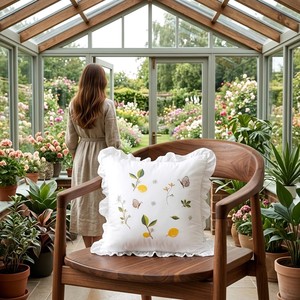 Vintage Lemon Butterfly Embroidered <b>Cushion</b> Cover Ruffled <b>White</b> Cotton Botanical Pillowcase Decorative Farmhouse Sofa Home Decor - Product Image 3
