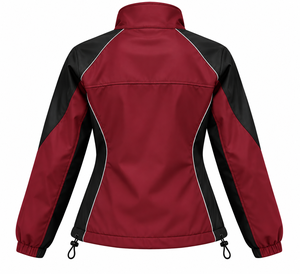 Chaqueta Cortavientos Técnica Borgoña para Mujer al por Mayor con Paneles Negros, Costuras Reflectantes y Dobladillo Ajustable, Marca Privada OEM - Product Image 2