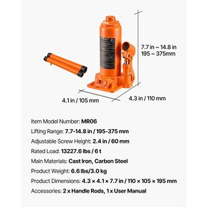 Martinetto Idraulico a Bottiglia Saldato per Carichi Pesanti da 6 Tonnellate (13227.6 Libbre) per Auto e SUV, Gamma di Sollevamento 7.7-14.8 Pollici - Nuovo Prodotto - Product Image 3