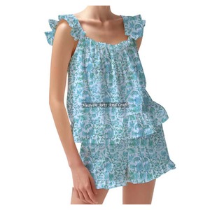 Indian Handmade Vintage Block Printed Cotton Shorts Pajama Set Spring/Summer Floral Fitted Strappy Ruffle <b>Trim</b> Sleeves PJ Set - Product Image 4