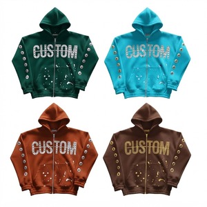 Sweat à capuche zippé personnalisé en molleton tricoté unisexe, style décontracté pour l'automne, avec motif lettres scintillantes, coupe oversize, 100% coton - Product Image 1