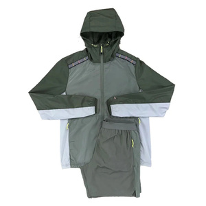 <b>Men's</b> Hooded Lightweight Waterproof Windproof Sport <b>Jacket</b> Shorts Set Solid Color Full Sleeve Zipper Closure <b>Summer</b> Wear - Product Image 2