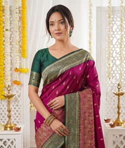AARA Fashion Saree en soie pour femme, vert, avec bordure violette et rose, tenue de mariage indienne traditionnelle, longueur au sol, coupe classique, toutes tailles - Product Image 4
