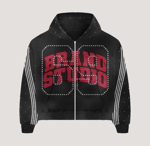 Conjunto Deportivo Holgado de Felpa de Algodón Negro con Efecto Desgastado por el Sol, Personalizado por el Fabricante, con Pedrería y Serigrafía, Estilo Vintage para Hombre - Product Image 3