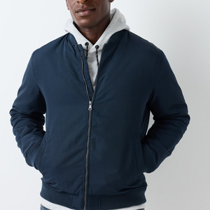 Blouson Bomber Homme Bleu Marine Col Rond Fermeture Éclair Coupe-Vent à Capuche Décontracté Coupe Ample en PU Couleur Unie Printemps - Product Image 4