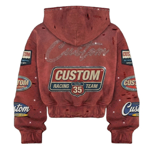 Custom Trend Rhinestone Polyester/Cotton Knitted Lined Oversized Winter Acid Wash Streetwear Distressed Embroidery <b>Hoodie</b> - Product Image 2