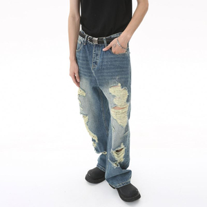 Jeans baggy streetwear hip-hop personnalisés pour hommes 2025, jeans délavés et jeans droits amples déchirés pour hommes - Product Image 2
