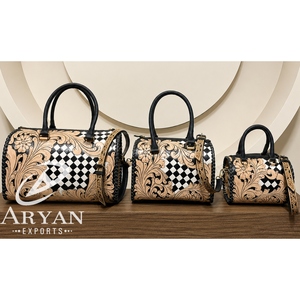 New Premium Vintage Hand Tooled Checkered Cow Leather Speedy Bag for Women's With Designer Floral Carved Pattern Shoulder Bag - Product Image 1