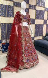 <b>Red</b> Embroidered 100% Silk Lehenga Choli Dupatta Sequin Beaded Floor-Length Princess Wedding <b>Dress</b> Women's Bridal Party Outfit - Product Image 5