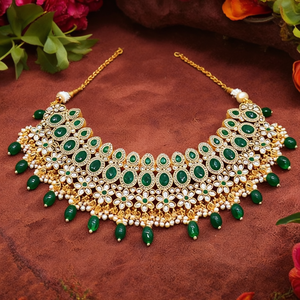 Conjunto de Collar Clásico Chapado en Oro con Kundan y Cuentas, con Perla de Agua Dulce, Cristal Verde de Imitación, Estilo Religioso-NS619 - Product Image 3