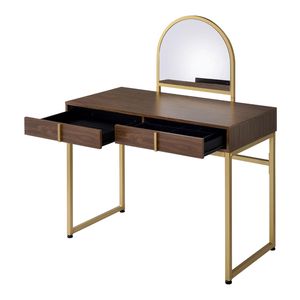 Walnut and Gold 2-<b>Drawer</b> Vanity Desk with Mirror and Jewelry <b>Tray</b> for Makeup Vanities - Product Image 4