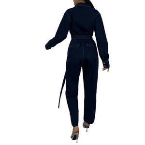 Casual cinturón cintura señoras Jeans pantalones manga larga mameluco solapa pecho botón bolsillo acampanado azul oscuro Denim overoles mujeres monos - Product Image 2