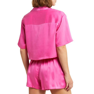 Ensemble de pyjama en satin à manches courtes pour femmes, imprimé géométrique bleu, avec col rabattu, fermeture à boutons, vêtements de nuit d'été - Product Image 6