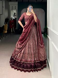 Vêtements ethniques indiens en soie Tasar avec imprimé Kalamkari et bordure en dentelle, Lehenga Choli pour les mariages et les festivals - Product Image 2