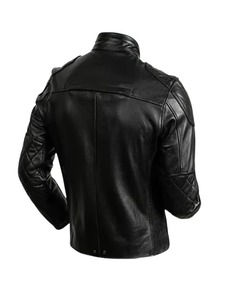 เสื้อแจ็คเก็ตหนังสีดำสไตล์คาเฟ่เรเซอร์สำหรับผู้ชาย - Product Image 2
