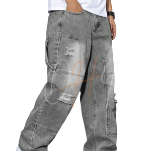 กางเกงยีนส์คาร์โก้สีเทาฟอกทรงหลวม น้ำหนักเบา สไตล์สตรีทแวร์ หลายกระเป๋า ขาดๆ แบบวินเทจ ฮิปสเตอร์ - Product Image 3