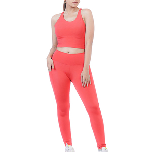 Coral 2 Piece Yoga Set <b>Crop</b> <b>Top</b> Full Length Leggings High Waist Seamless Spandex Polyester Activewear - Product Image 1