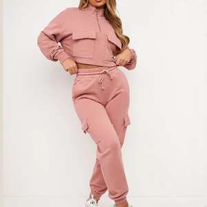 Women Pink 2 Piece Fleece Tracksuit Set <b>Crop</b> Hoodie <b>Jogger</b> Pants Casual Streetwear Solid Color Loose Fit Full Sleeve - Product Image 2