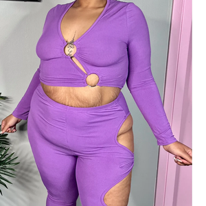 Women Purple Long Sleeve High Waist <b>Jumpsuit</b> With Hollow Out Design Sexy Club Wear Full Length Knitted Spandex Polyester - Product Image 5