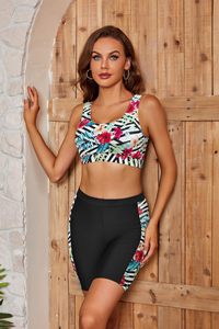 Women's 3-Piece Tropical Print <b>Swimsuit</b> Set Zip Front <b>Long</b> <b>Sleeve</b> Rashguard Jacket Sports Bra Shorts Rash Guard - Product Image 3
