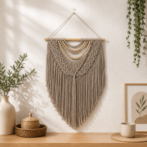 Tapiz de macramé bohemio con cuentas y flecos, diseño geométrico abstracto para decoración del hogar y la sala de estar - Product Image 1