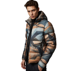 Chaqueta Acolchada con Estampado Geométrico para Hombre, con Capucha, Corte Ajustado, para Invierno, Resistente al Viento, con Cierre de Cremallera, Estilo Casual - Product Image 1
