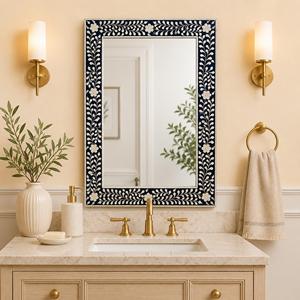 Miroir mural artisanal en bois avec cadre en mosaïque de céramique bleue et blanche pour la décoration de la maison - Product Image 6